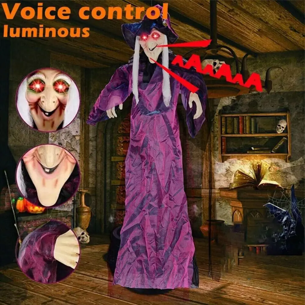 6-Foot Life-Size Animated Talking Witch in Purple – Sound-Activated Halloween Witch with Glowing Eyes and Screeching Sound for Indoor and Outdoor Decor - Image 3