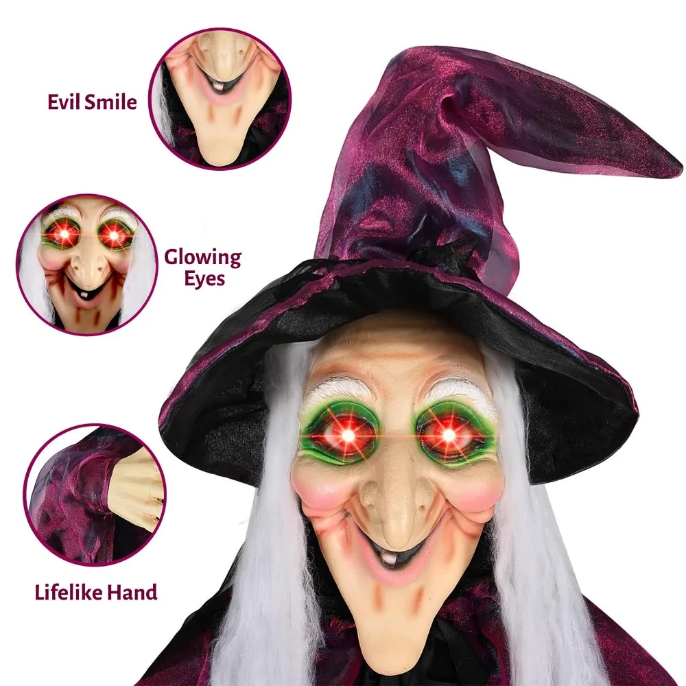 6-Foot Life-Size Animated Talking Witch in Purple – Sound-Activated Halloween Witch with Glowing Eyes and Screeching Sound for Indoor and Outdoor Decor - Image 4
