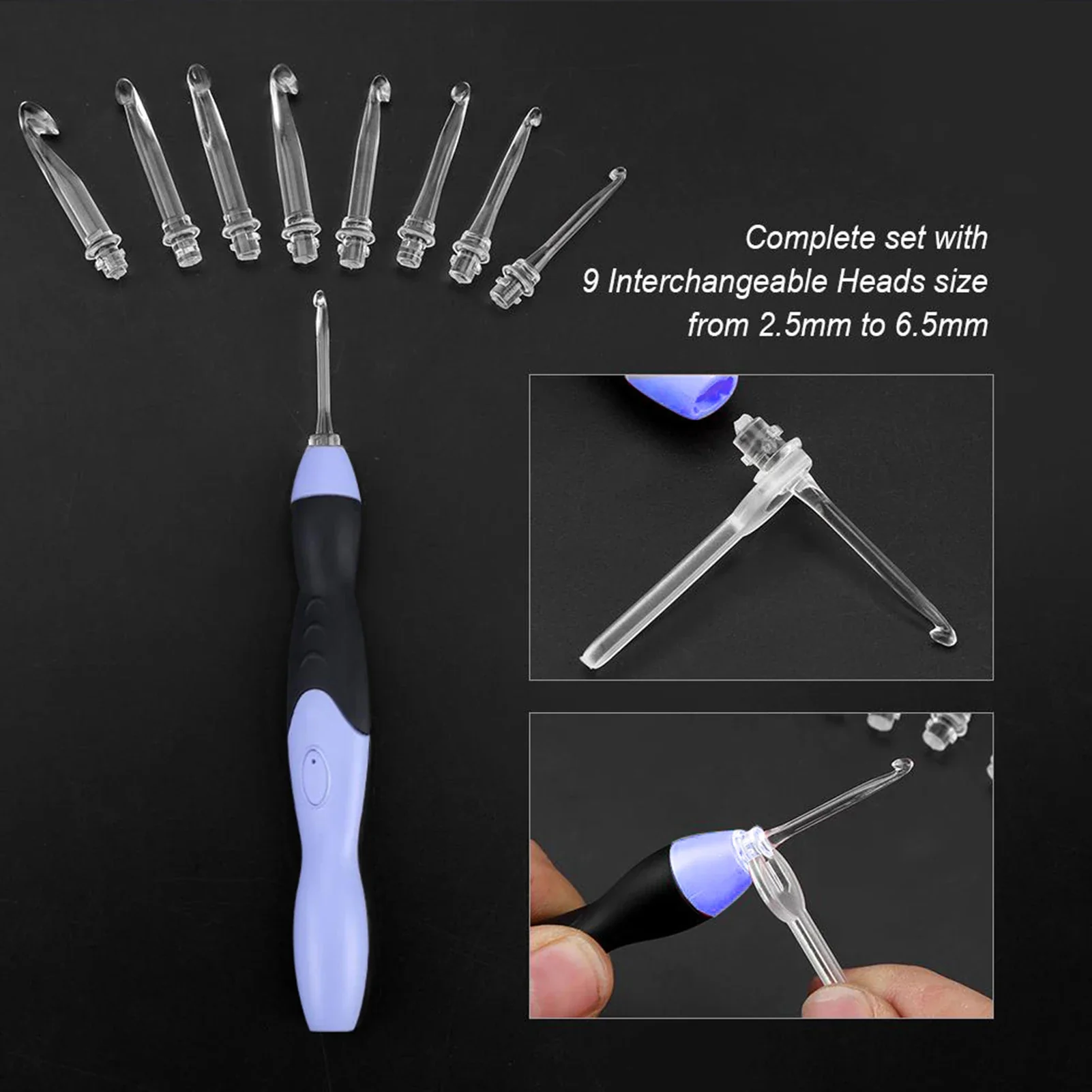 9PCS LED Light Up Crochet Hook Set - USB Rechargeable Knitting Tool 2.5-6.5MM for DIY Crafts - Image 4