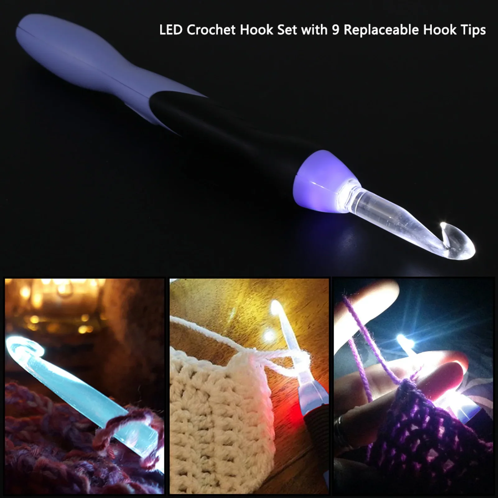 9PCS LED Light Up Crochet Hook Set - USB Rechargeable Knitting Tool 2.5-6.5MM for DIY Crafts - Image 5
