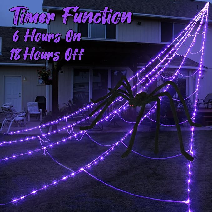 Halloween Spider Web with 290 LED Lights - Giant Outdoor Spider Decoration with 78.7" Spider - Image 4