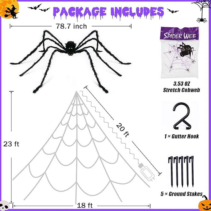Halloween Spider Web with 290 LED Lights - Giant Outdoor Spider Decoration with 78.7" Spider - Image 5