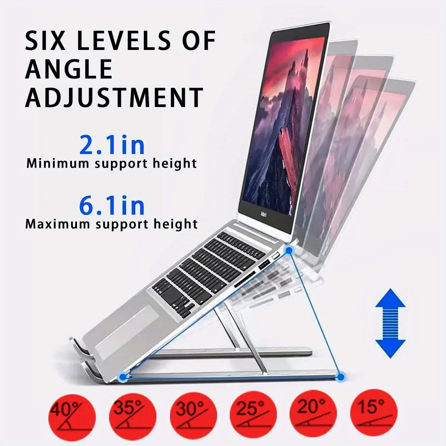 Portable Adjustable Aluminum Laptop Stand with Accessories - 6-Level Height, Anti-Slip Design, Enhanced Ventilation for 8-16" Laptops - Image 3