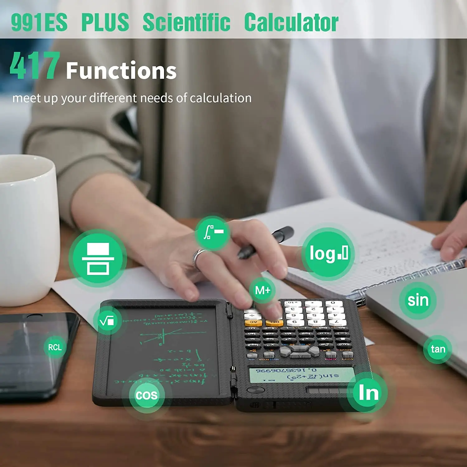 Solar Scientific Calculator with LCD Notepad - 417 Functions, Portable Foldable for Students, Upgraded 991ES - Image 3